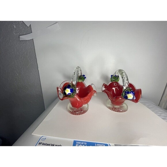 Vintage Art Glass Red Clear Basket Applied Blue Flowers Beautiful 2 Baskets - Picture 3 of 9